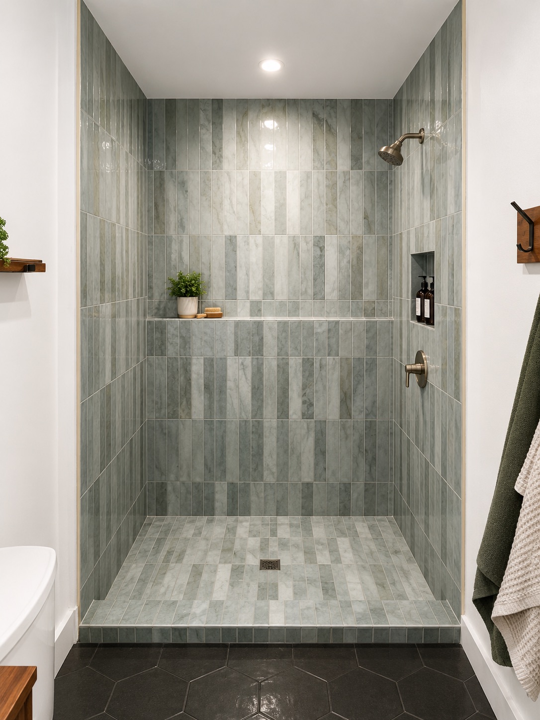 Shower with vertical sage green tile and black hexagonal floor